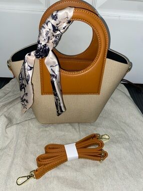 Canvas Tote with Tan Vegan Leather Handles and Scarf Accent